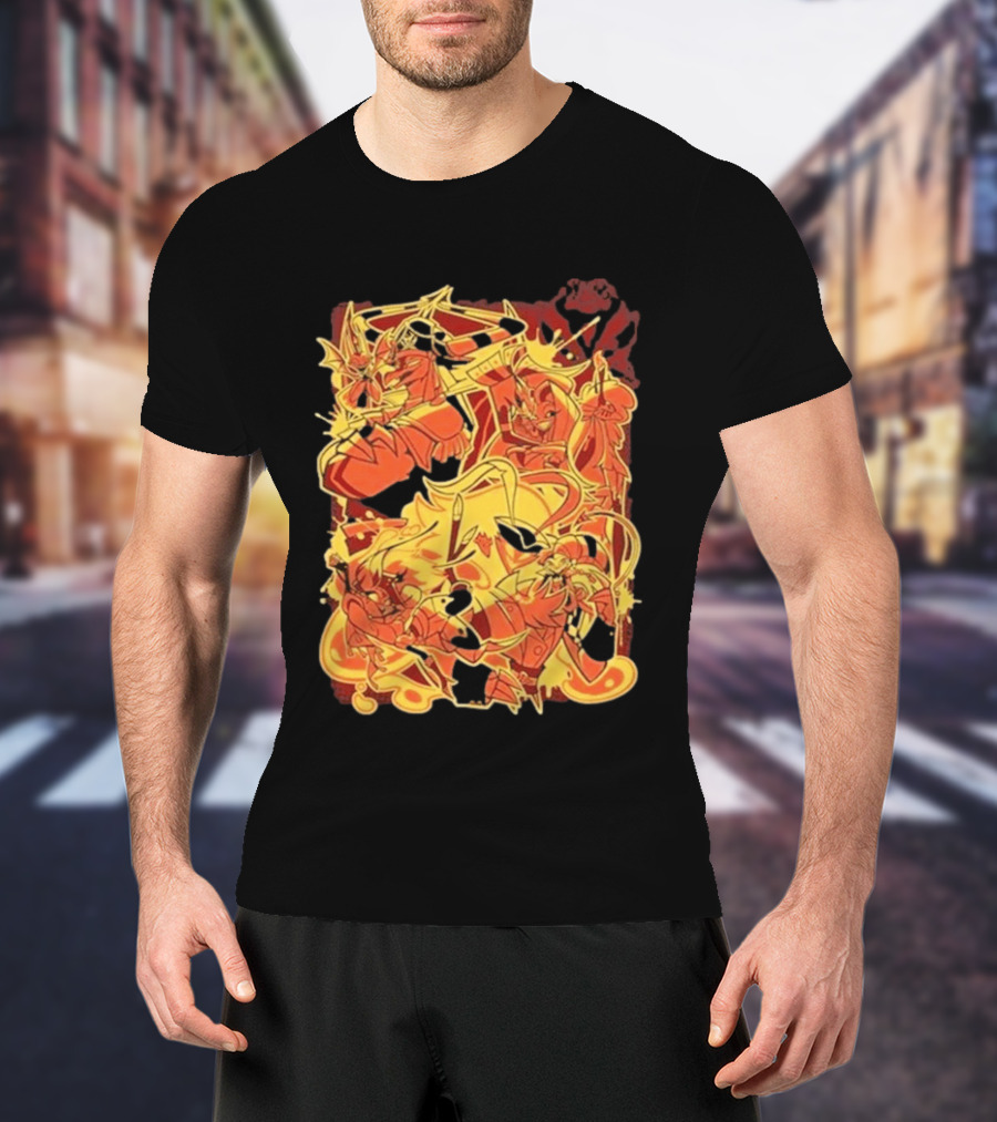 Helluva Boss Satan Characters In Fiery Yellow And Red T-Shirt