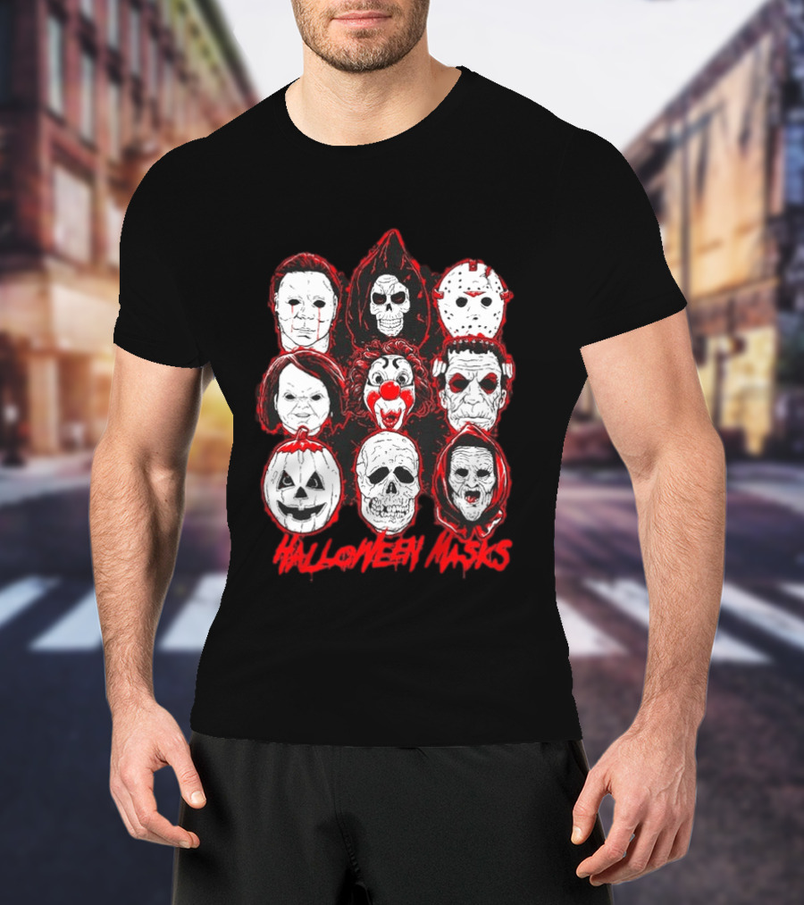 Horror Movie Characters Halloween Masks Skeleton Clown Jack O' Lantern T-Shirt