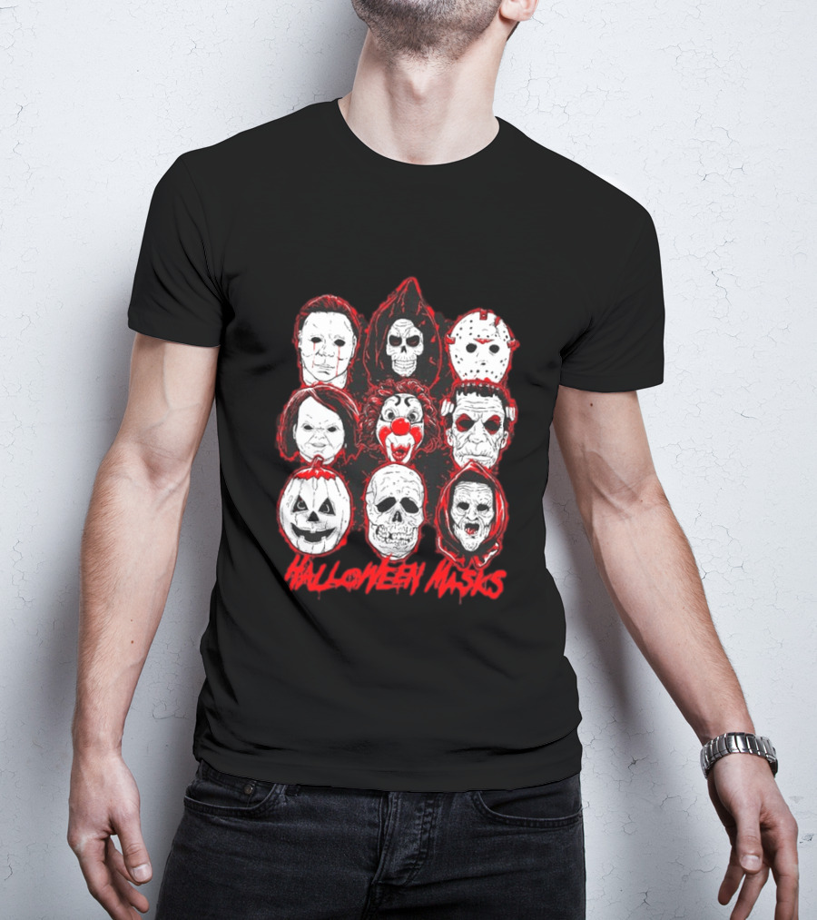 Horror Movie Characters Halloween Masks Skeleton Clown Jack O' Lantern T-Shirt
