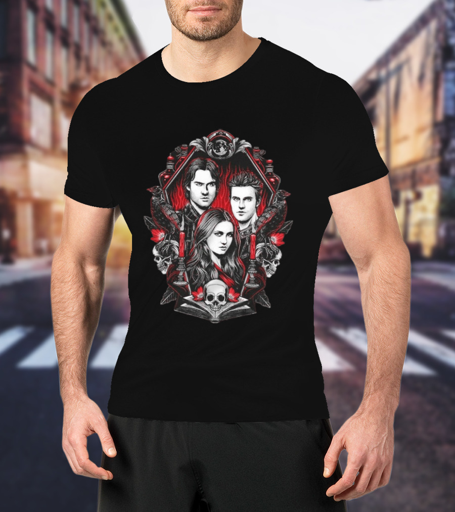 Vampire Blood The Vampire Diaries Damon Salvatore Stefan Salvatore Elena Gilbert Skull Candle Ravens T-Shirt