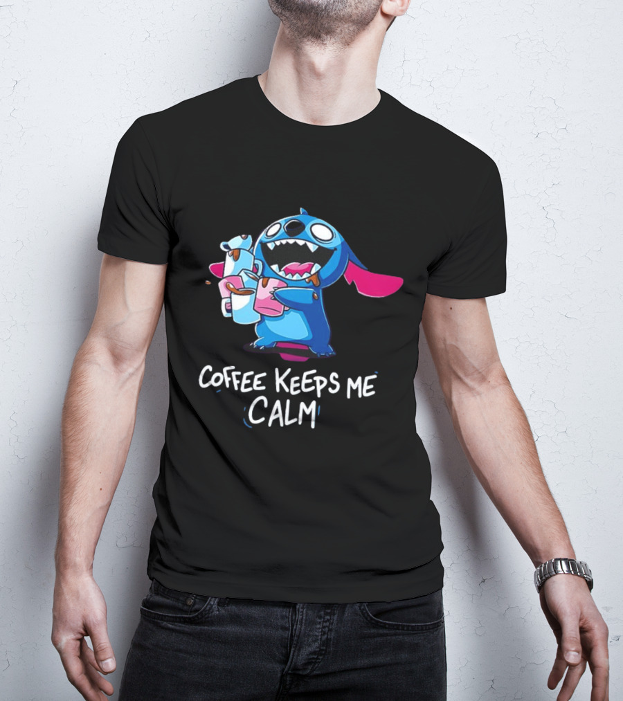 Stitch Coffee Keeps Me Calm Cute Character Drinking Coffee T-Shirt