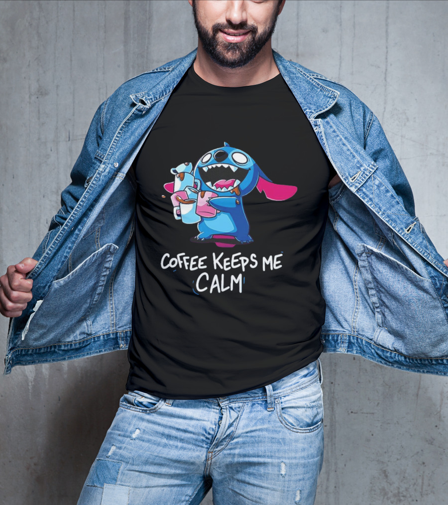 Stitch Coffee Keeps Me Calm Cute Character Drinking Coffee T-Shirt