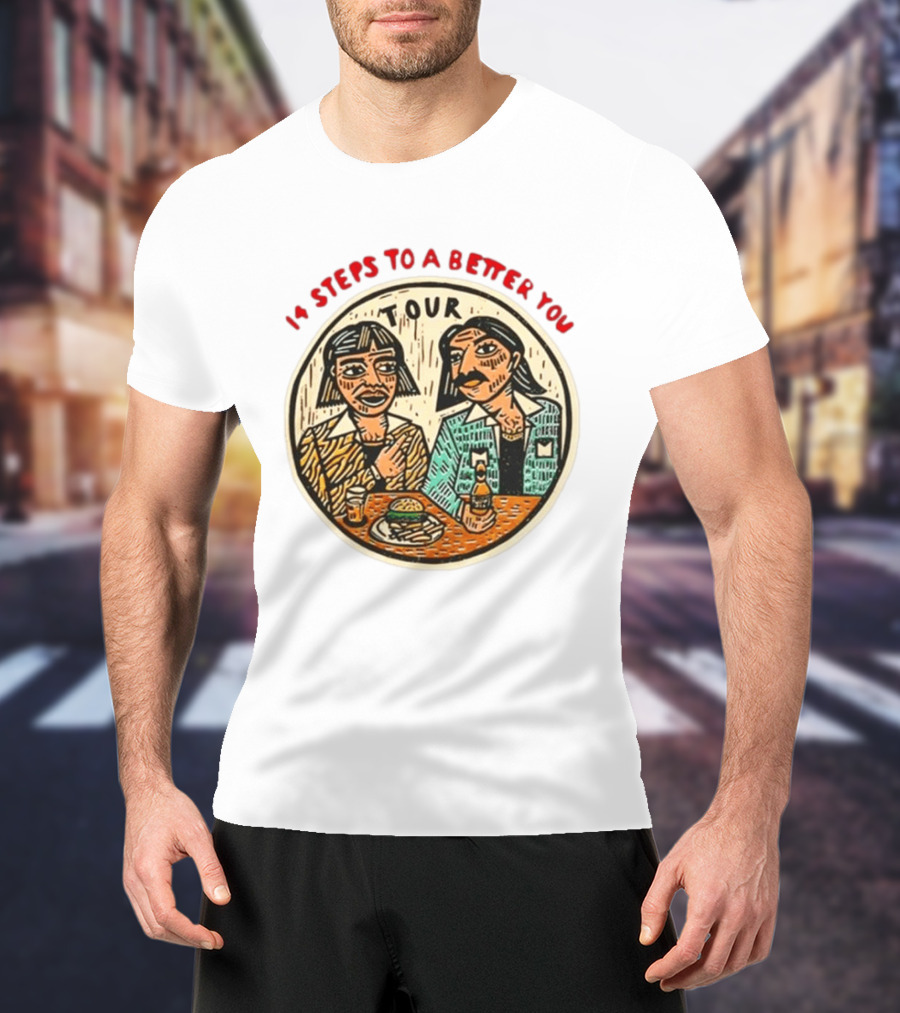 14 Steps To A Better You Tour Oval Illustration With Two Seated Individuals T-Shirt