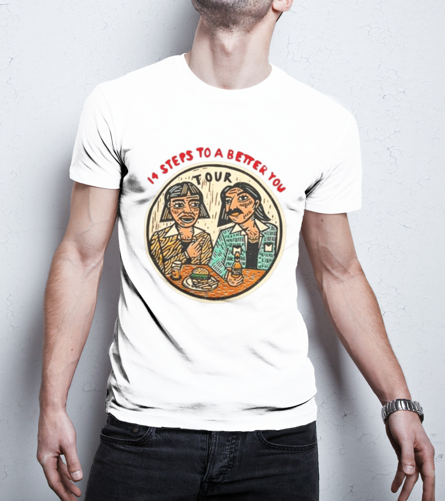 14 Steps To A Better You Tour Oval Illustration With Two Seated Individuals T-Shirt