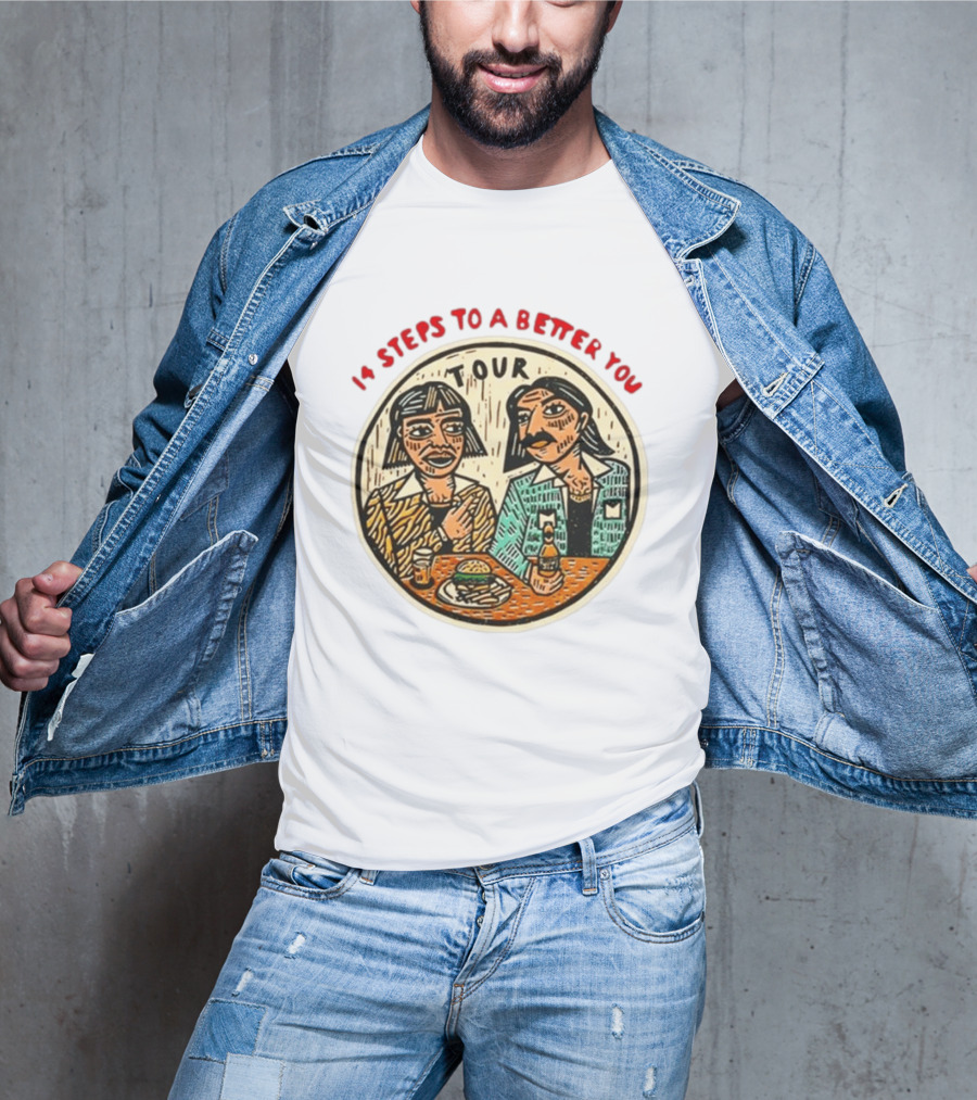 14 Steps To A Better You Tour Oval Illustration With Two Seated Individuals T-Shirt