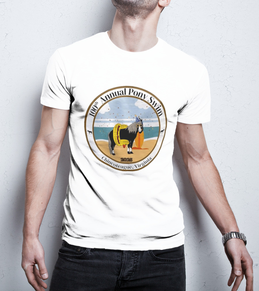 100th Annual Pony Swim Chincoteague Virginia 2025 Beach Scene With Pony And Surfboard T-Shirt