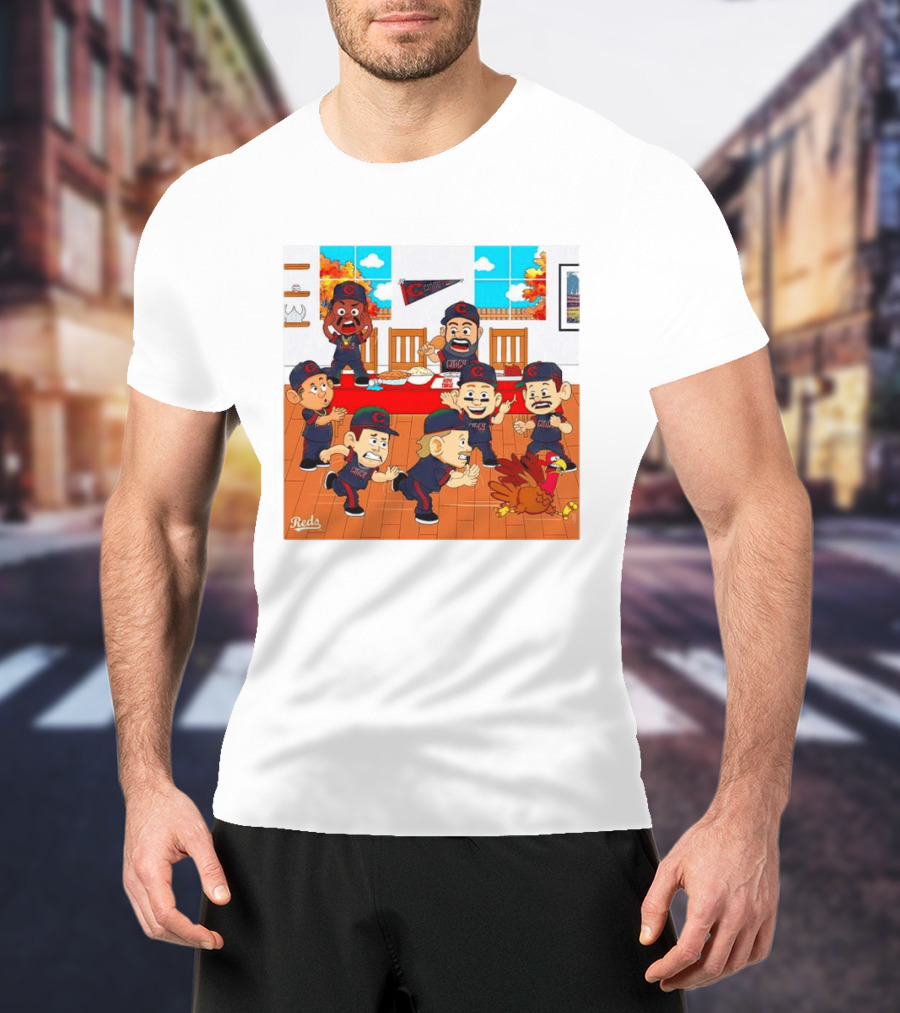 Cincinnati Reds Thanksgiving Chaos Cartoon Scene With Characters And Turkey T-Shirt