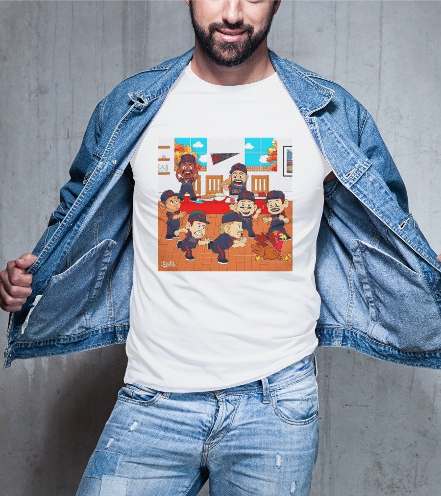 Cincinnati Reds Thanksgiving Chaos Cartoon Scene With Characters And Turkey T-Shirt