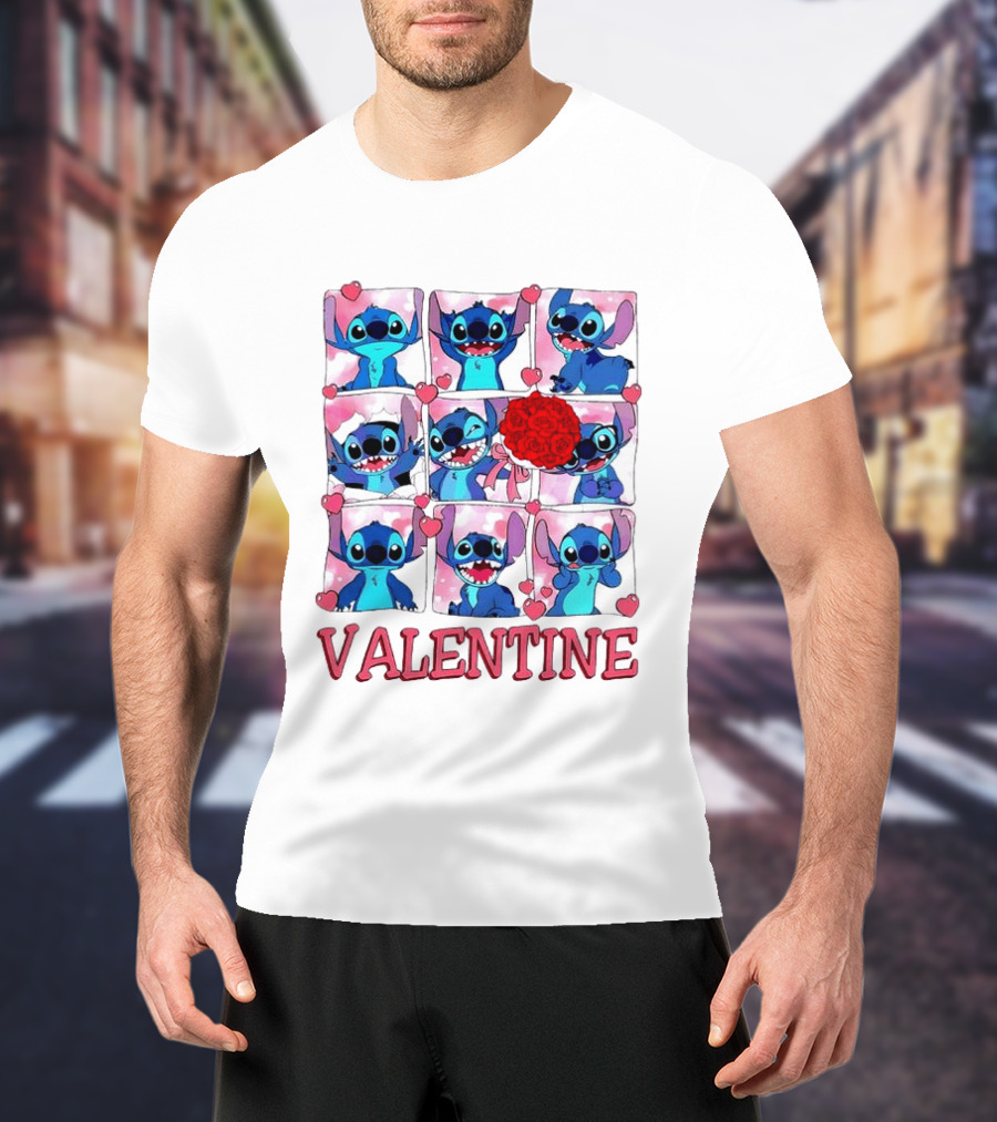 Disney Stitch Rose Flowers Valentine Love Hearts Happy Day T-Shirt
