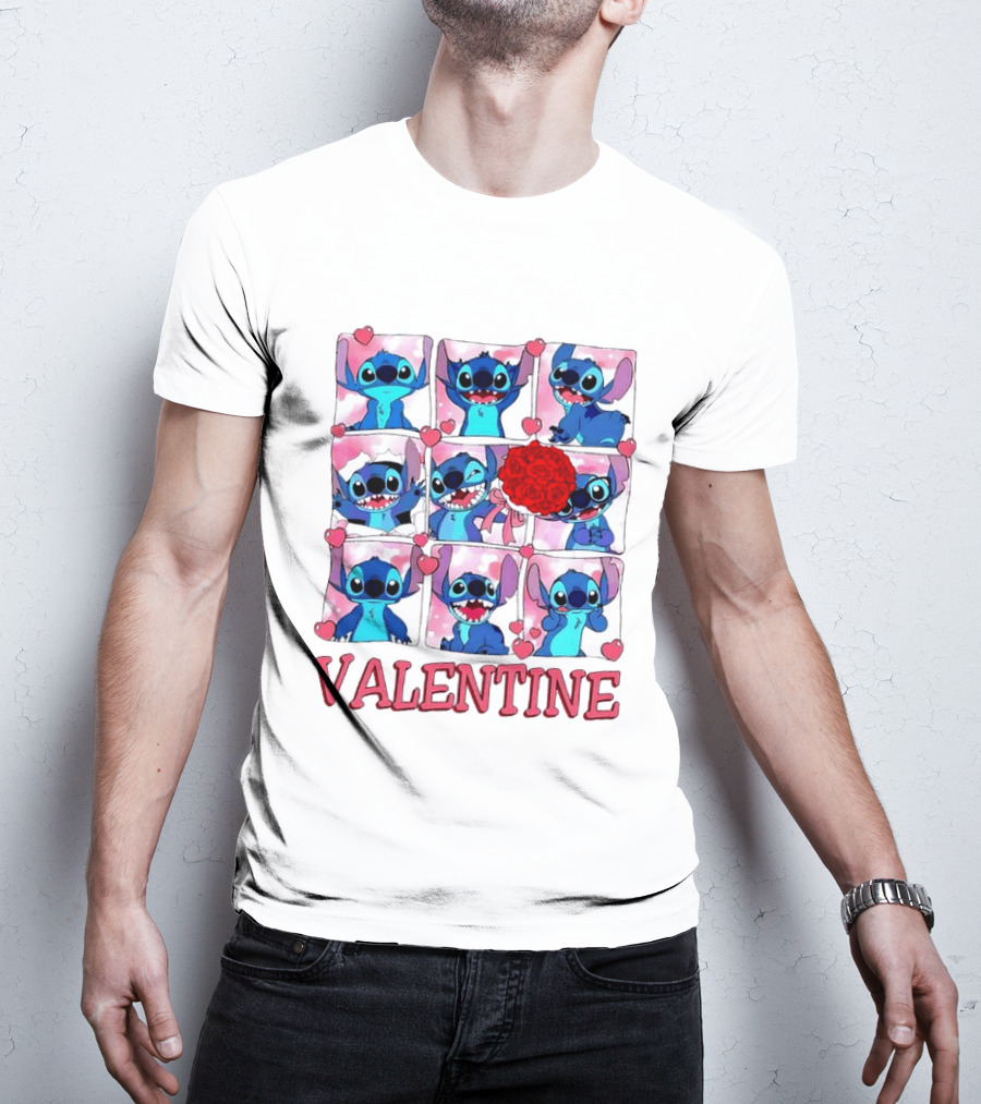 Disney Stitch Rose Flowers Valentine Love Hearts Happy Day T-Shirt