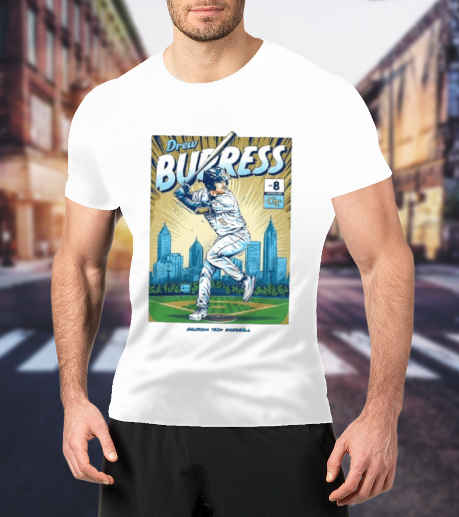 Drew Burress #8 Georgia Tech Baseball Comic Style Retro Cityscape T-Shirt