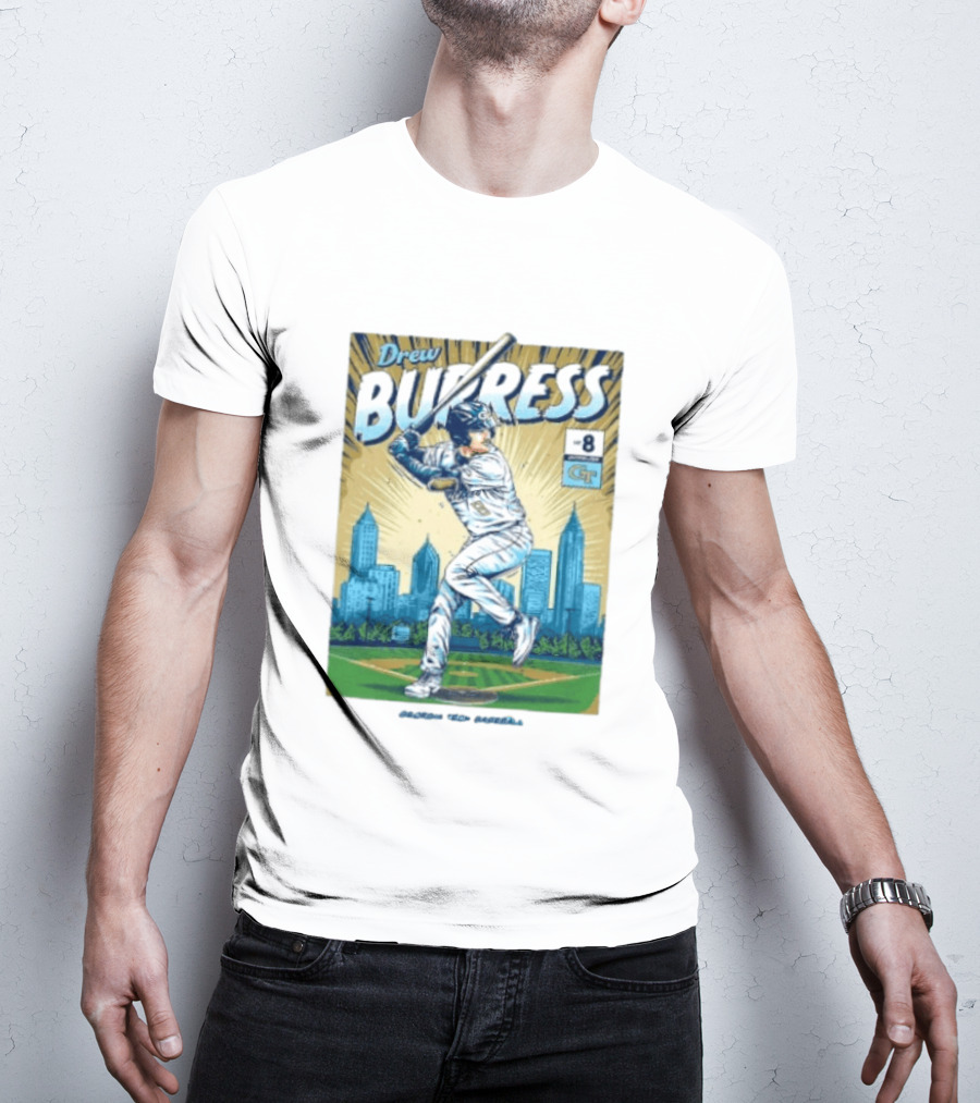 Drew Burress #8 Georgia Tech Baseball Comic Style Retro Cityscape T-Shirt