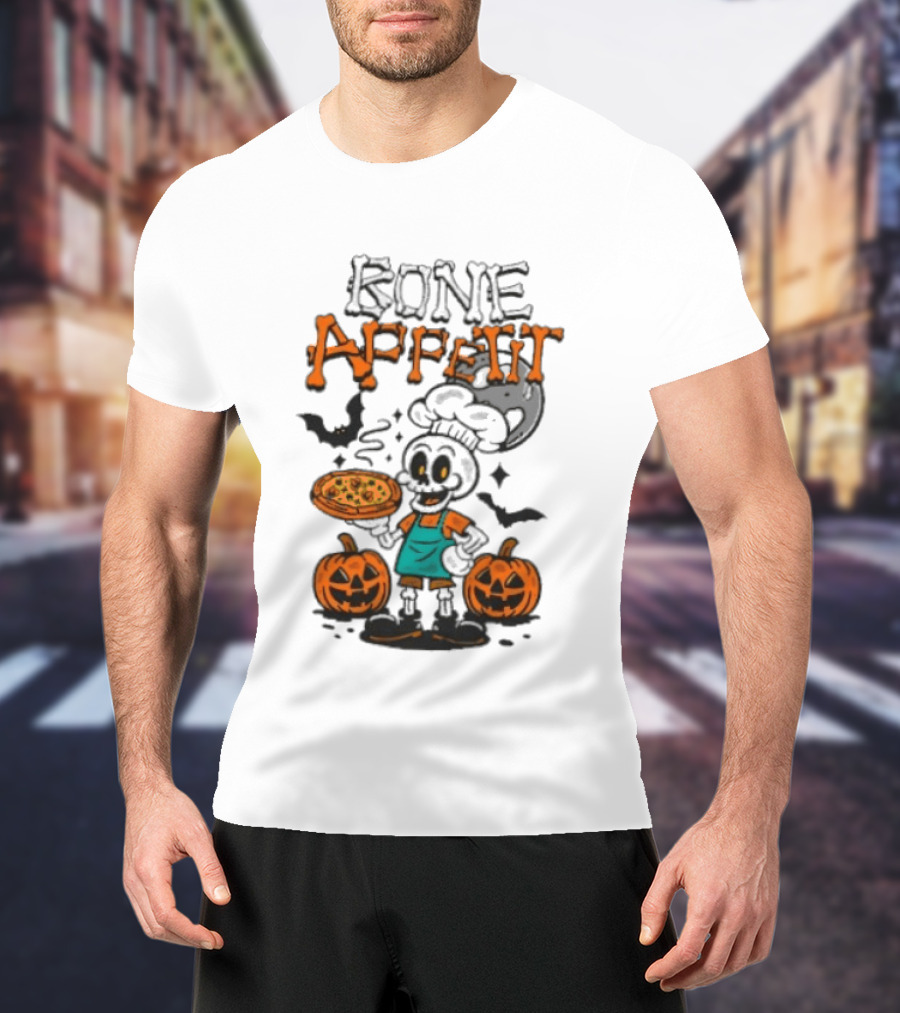 Bone Appetit Skeleton Chef Halloween Pizza Pumpkin Bats T-Shirt