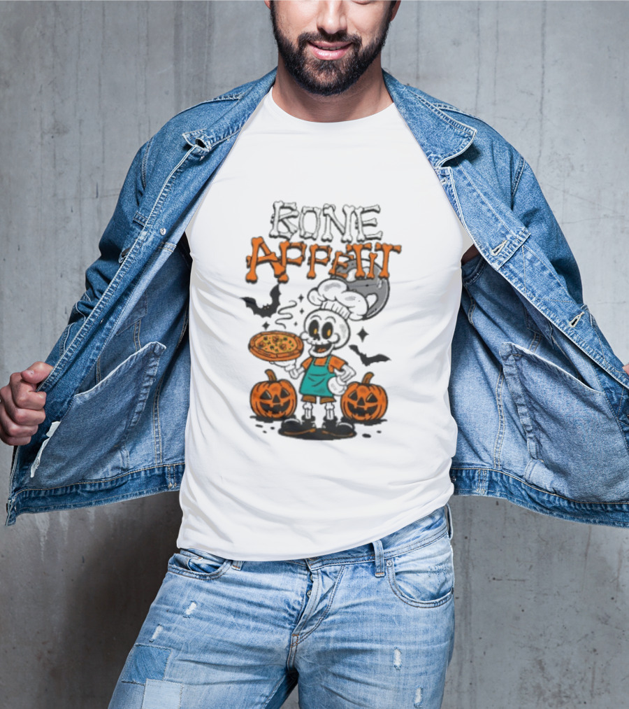 Bone Appetit Skeleton Chef Halloween Pizza Pumpkin Bats T-Shirt