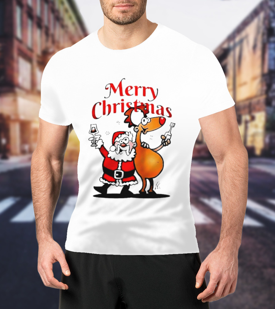 Merry Christmas Santa Claus And Reindeer Toast With Drinks T-Shirt