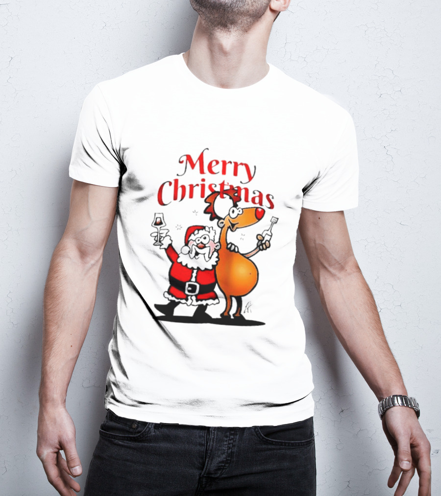 Merry Christmas Santa Claus And Reindeer Toast With Drinks T-Shirt