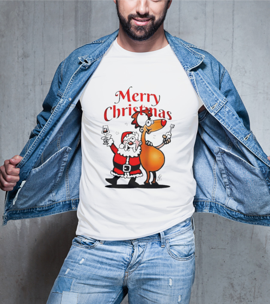 Merry Christmas Santa Claus And Reindeer Toast With Drinks T-Shirt