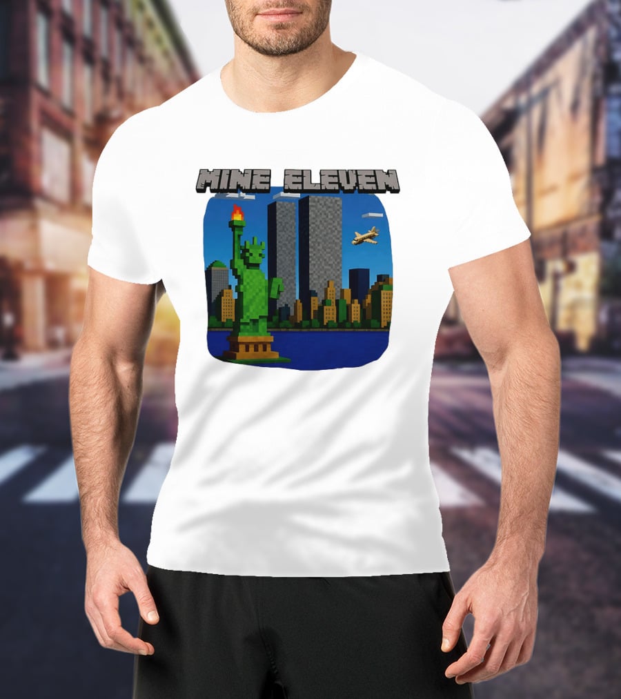 Mine Eleven Pixel City Statue Vector World Twin Towers Scene T-Shirt