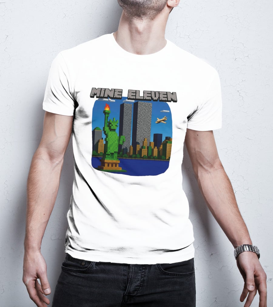 Mine Eleven Pixel City Statue Vector World Twin Towers Scene T-Shirt
