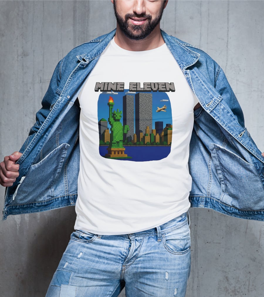 Mine Eleven Pixel City Statue Vector World Twin Towers Scene T-Shirt