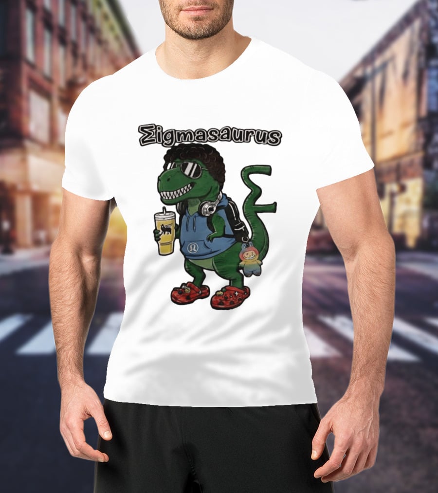 Sigmasaurus Rex Dinosaur Meme With Afro Sunglasses Headphones And Drink T-Shirt