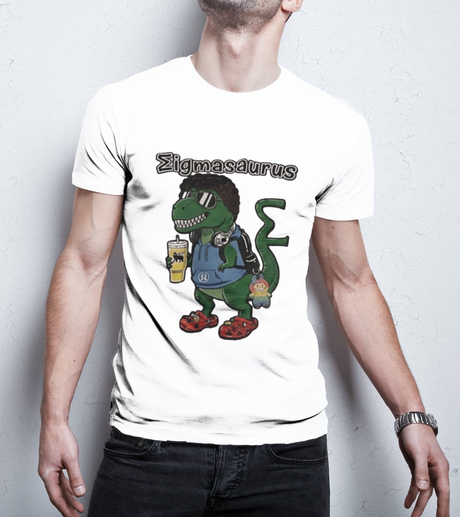Sigmasaurus Rex Dinosaur Meme With Afro Sunglasses Headphones And Drink T-Shirt