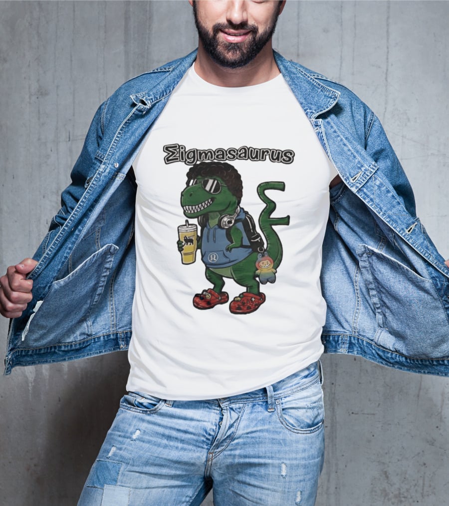 Sigmasaurus Rex Dinosaur Meme With Afro Sunglasses Headphones And Drink T-Shirt