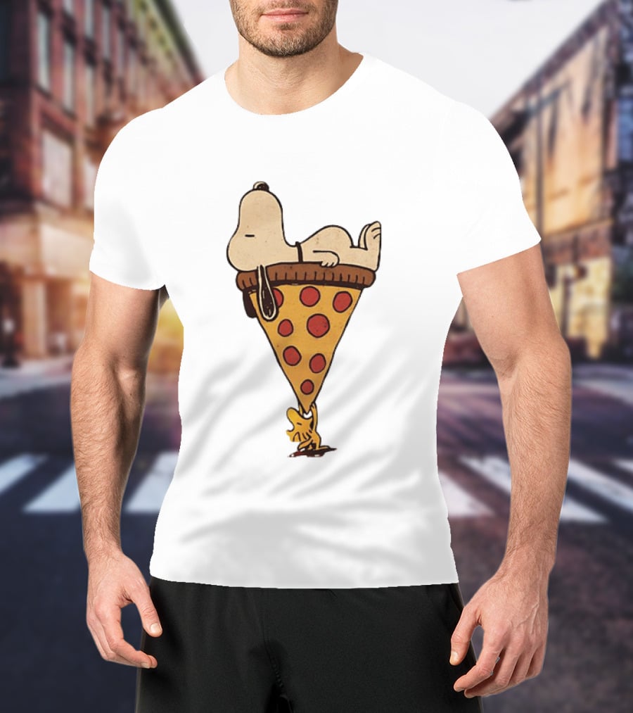 Snoopy Relaxing On Giant Pizza Slice With Woodstock Peanuts Collection T-Shirt