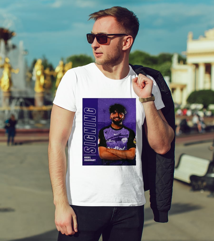 Nikhil Chaudhary Signing Hobart Hurricanes Cadbury BBL T-Shirt