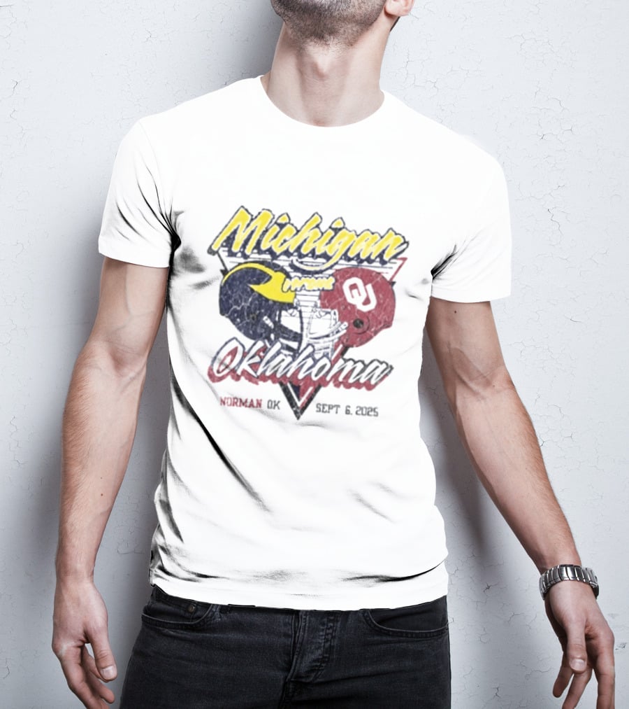 Oklahoma Sooners Vs Michigan Wolverines Football Helmet Norman OK September 6 2025 T-Shirt