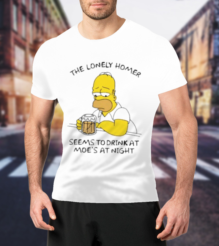 The Lonely Homer Drinking At Moe's Tavern Mood Nighttime Scene T-Shirt
