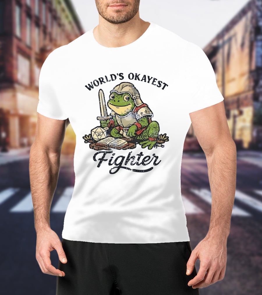 World's Okayest Fighter Frog In Armor With D20 Dice And Sword T-Shirt