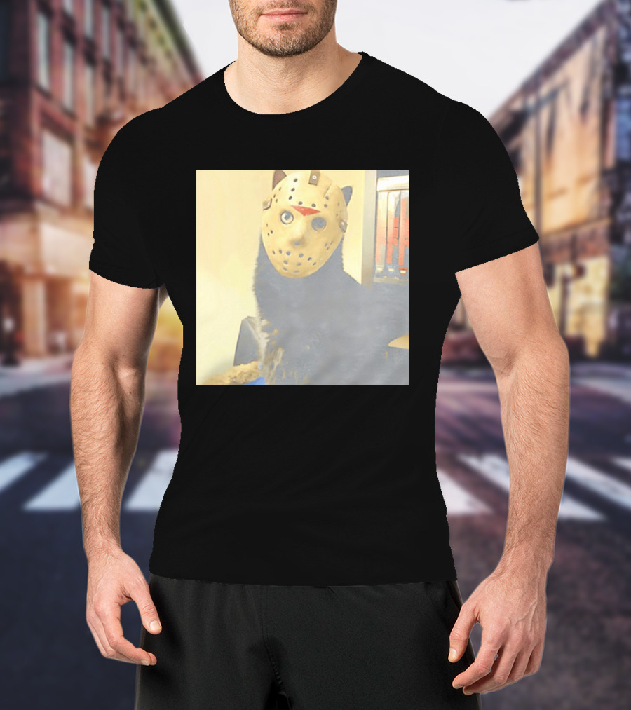 Black Cat In Horror Movie Jason Voorhees Mask T-Shirt
