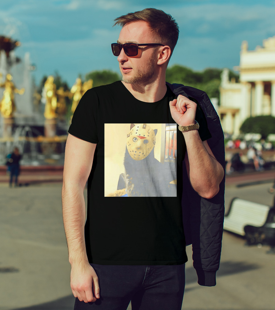 Black Cat In Horror Movie Jason Voorhees Mask T-Shirt
