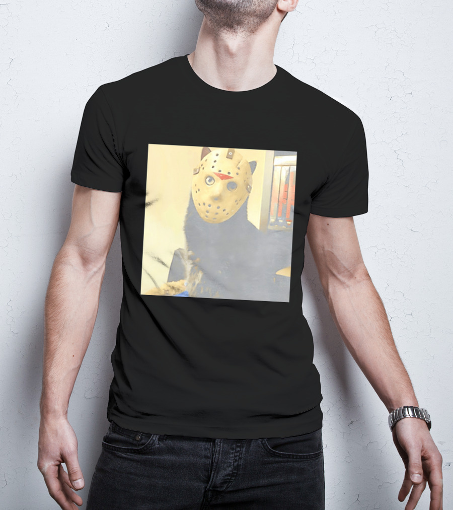 Black Cat In Horror Movie Jason Voorhees Mask T-Shirt