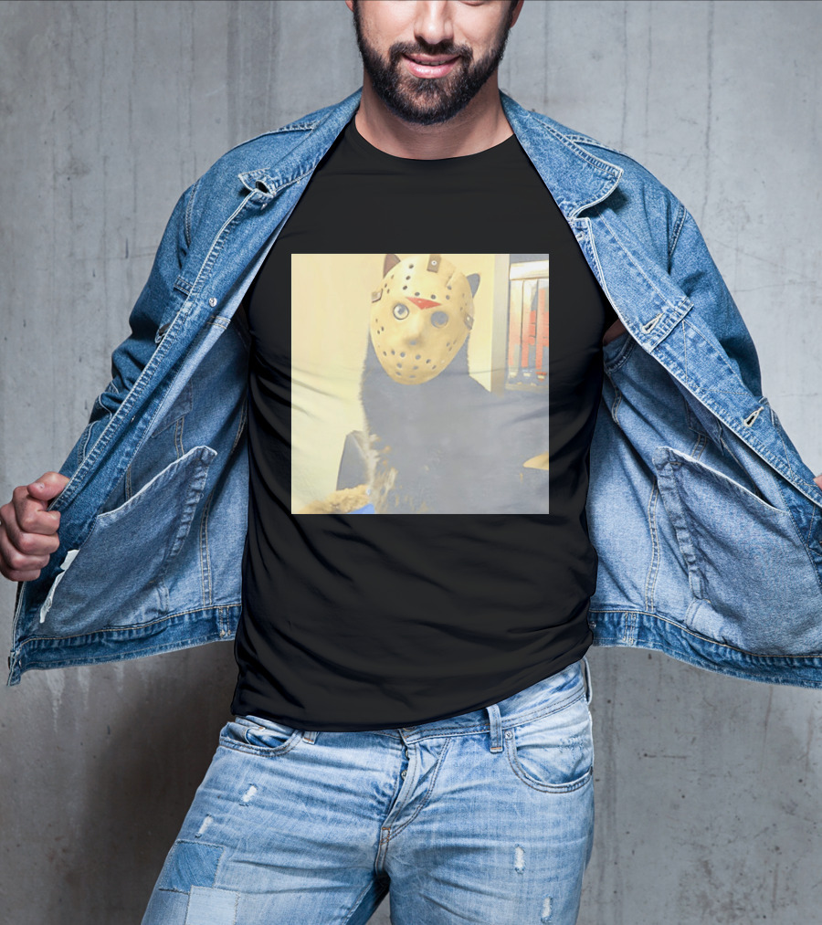 Black Cat In Horror Movie Jason Voorhees Mask T-Shirt