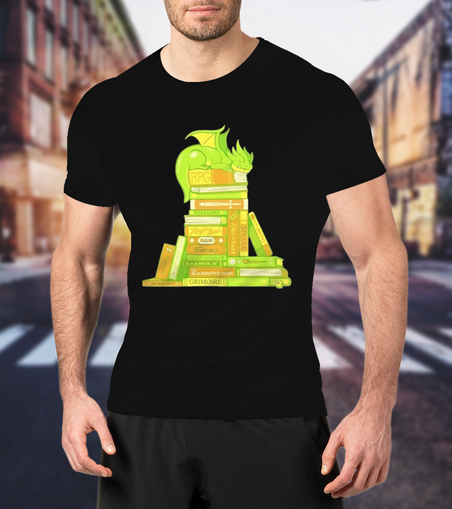 Sleeping Dragon On RPG Fantasy Magic Book Stack Grimoire Wizardry Tales T-Shirt