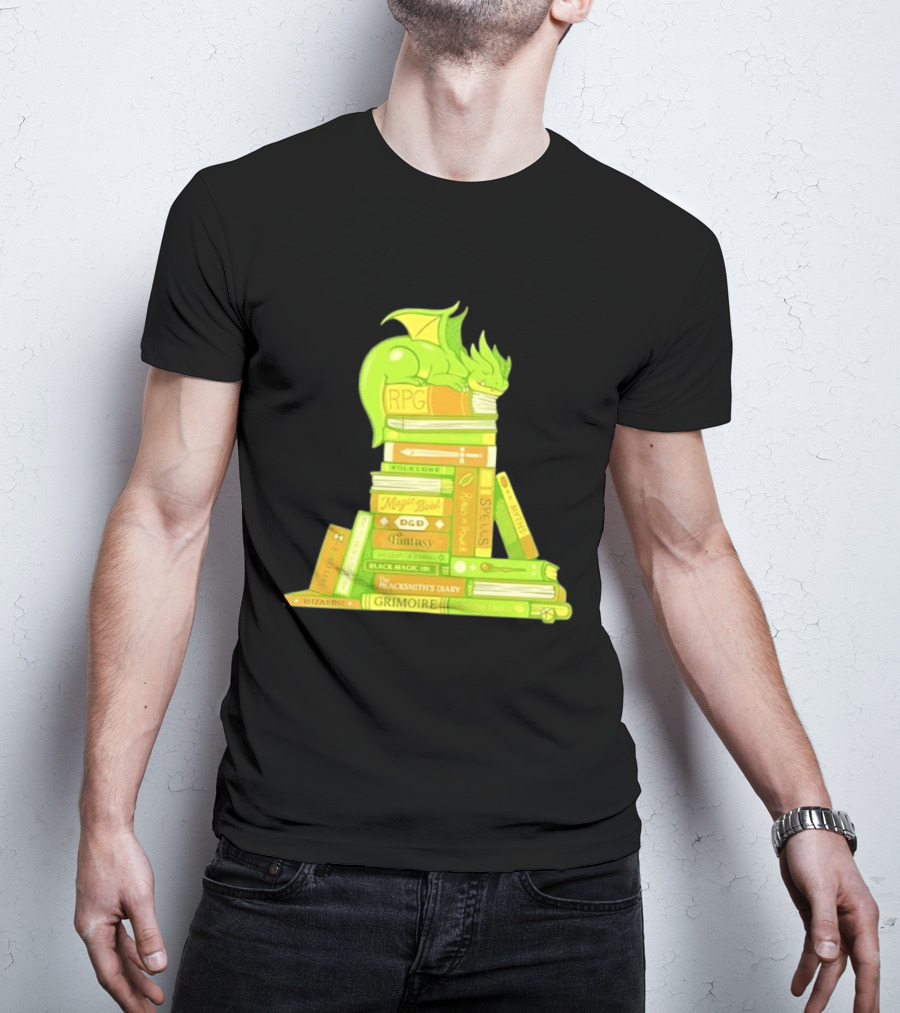 Sleeping Dragon On RPG Fantasy Magic Book Stack Grimoire Wizardry Tales T-Shirt