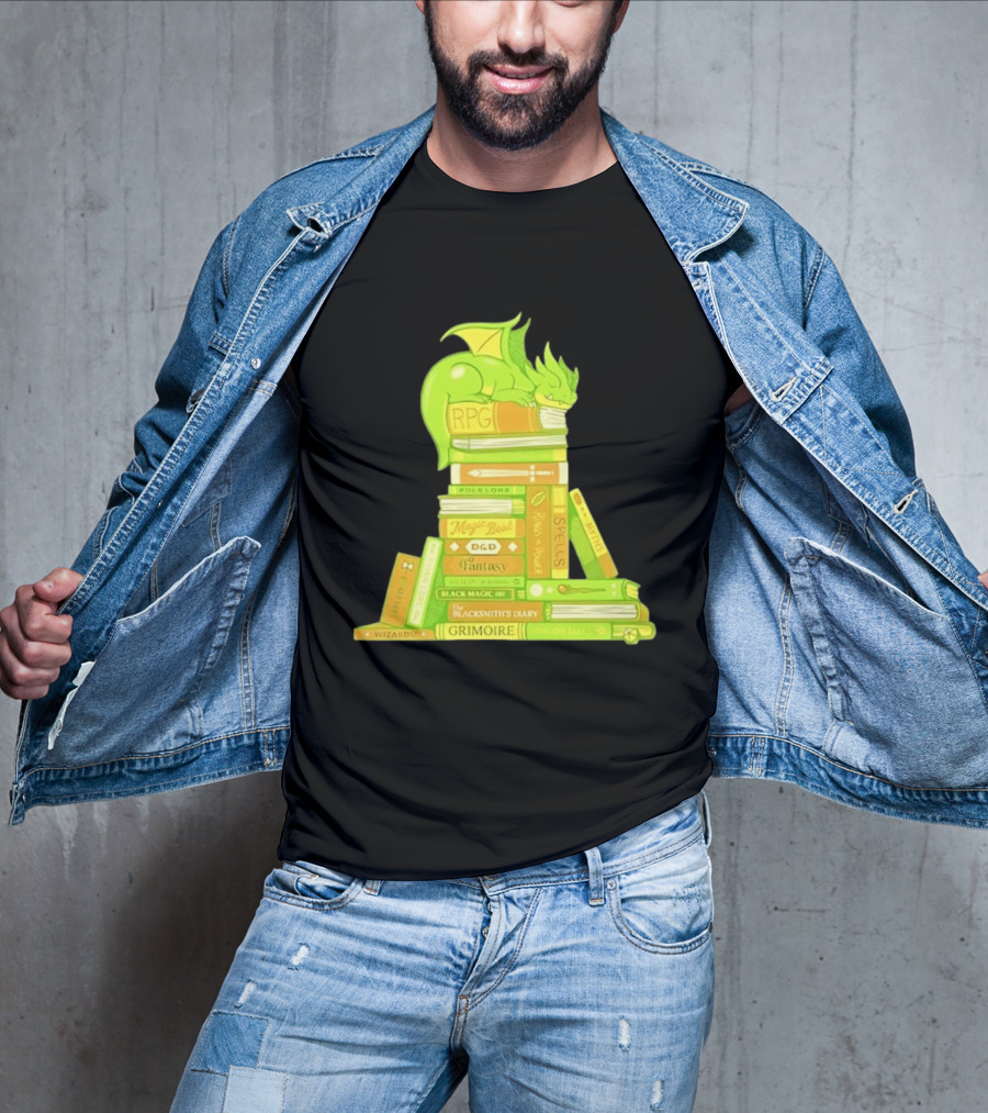Sleeping Dragon On RPG Fantasy Magic Book Stack Grimoire Wizardry Tales T-Shirt