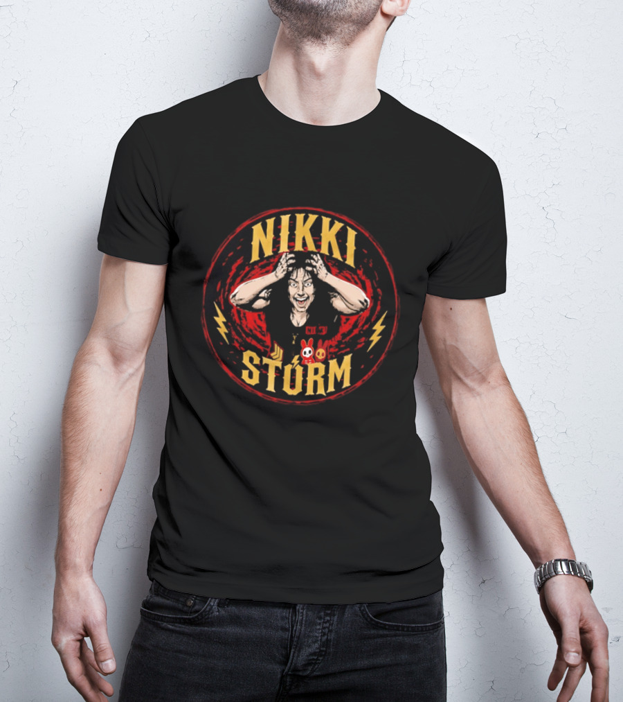 Nikki Stürm Wrestling Character With Lightning Bolts And Red Spiral T-Shirt