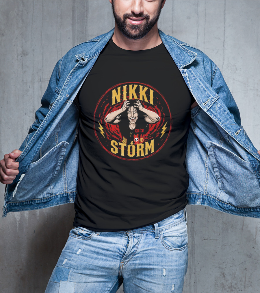 Nikki Stürm Wrestling Character With Lightning Bolts And Red Spiral T-Shirt