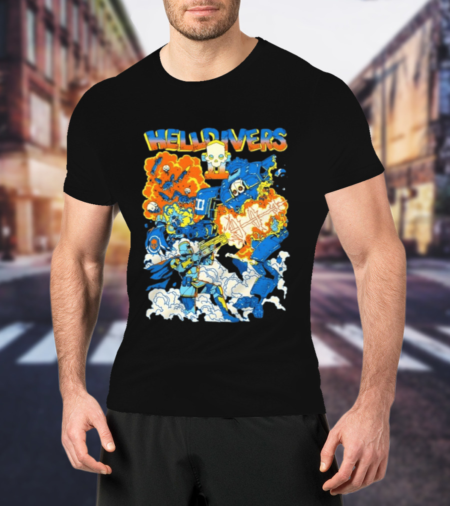 Helldivers Super Earth Soldier Combat Action Explosive Battle Scene T-Shirt