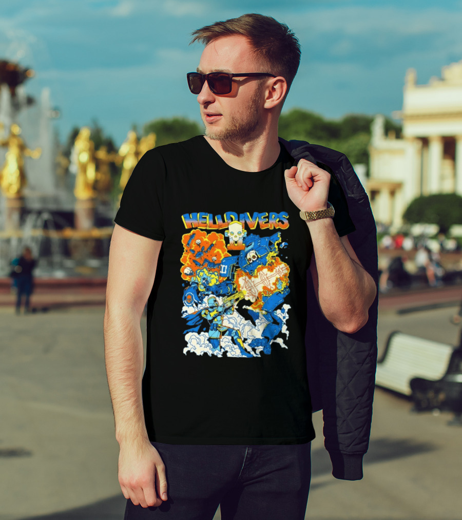 Helldivers Super Earth Soldier Combat Action Explosive Battle Scene T-Shirt