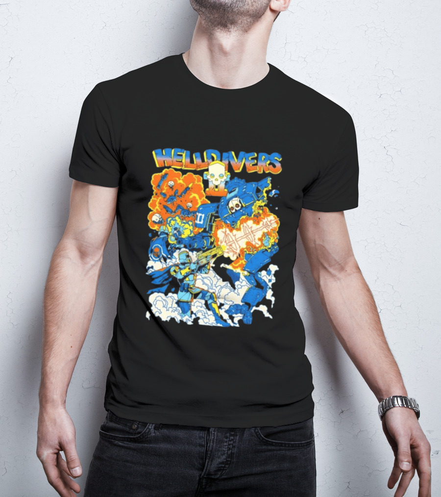 Helldivers Super Earth Soldier Combat Action Explosive Battle Scene T-Shirt
