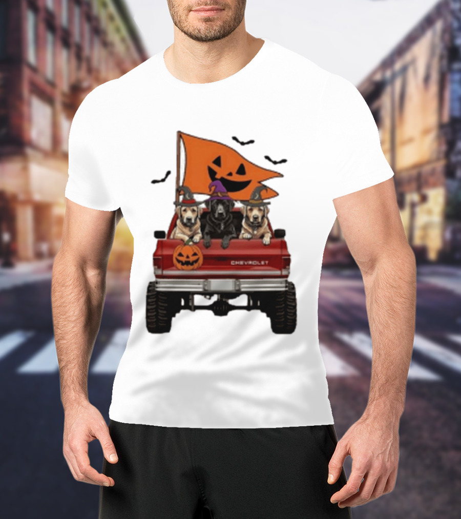 Chevrolet Halloween Dogs In Truck With Pumpkin And Bats T-Shirt
