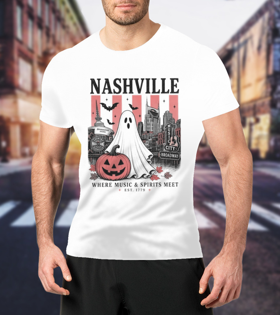 Nashville Halloween Ghost Music Spirits Skyline Pumpkin Bats T-Shirt