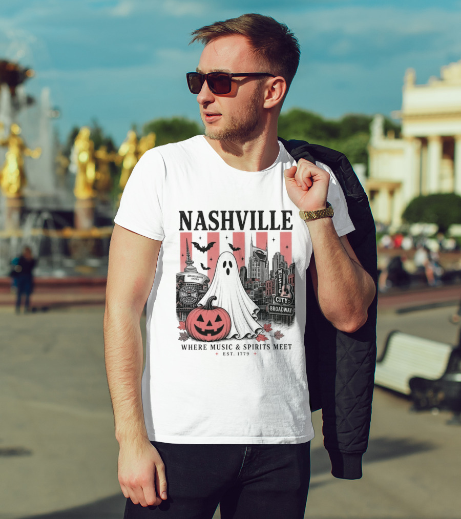Nashville Halloween Ghost Music Spirits Skyline Pumpkin Bats T-Shirt