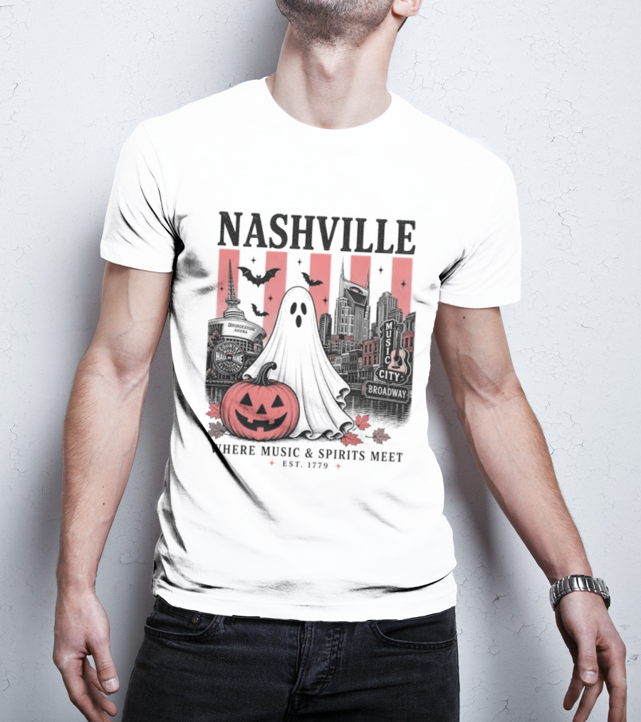 Nashville Halloween Ghost Music Spirits Skyline Pumpkin Bats T-Shirt
