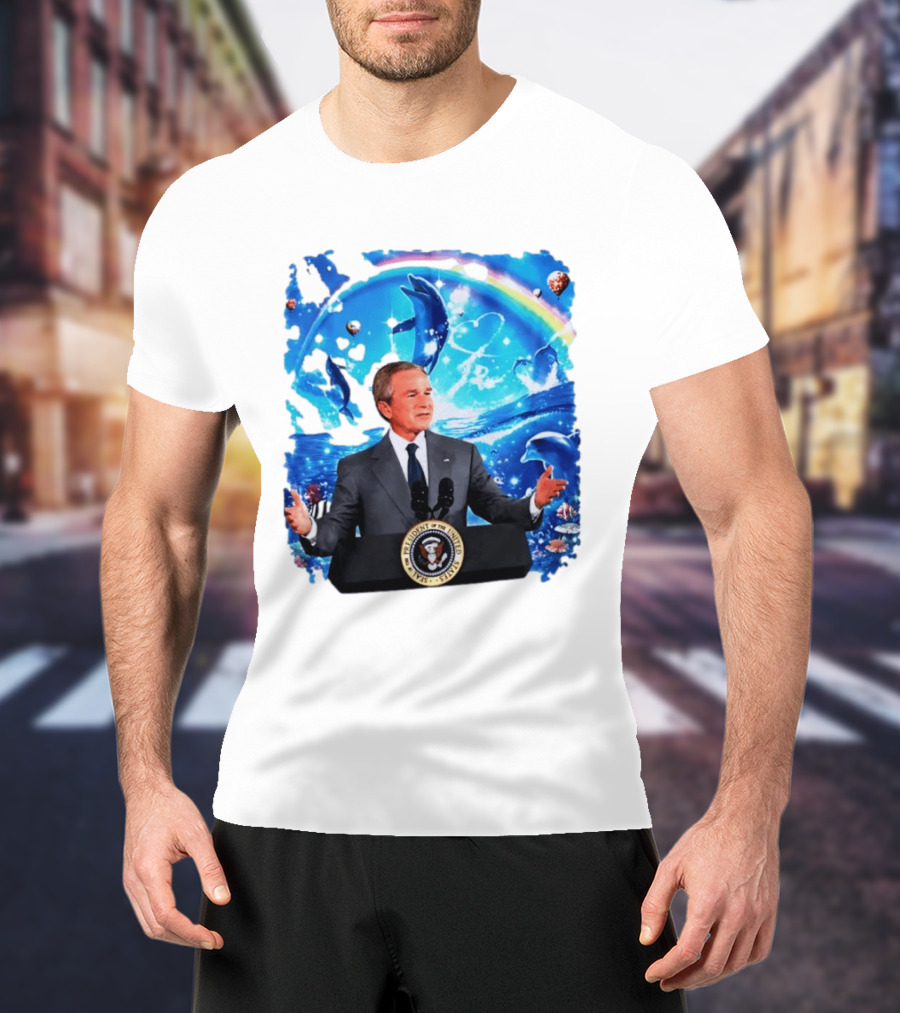 George W Bush Dolphins Coexist Peacefully With Rainbow And Ocean Scene T-Shirt