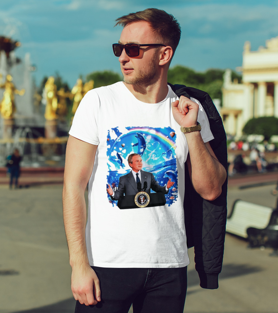 George W Bush Dolphins Coexist Peacefully With Rainbow And Ocean Scene T-Shirt